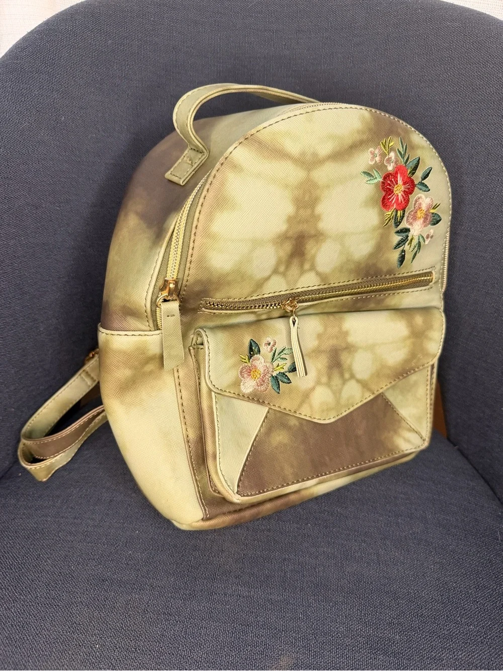 Floral Embroidered Tie-Dye Green Mini Backpack